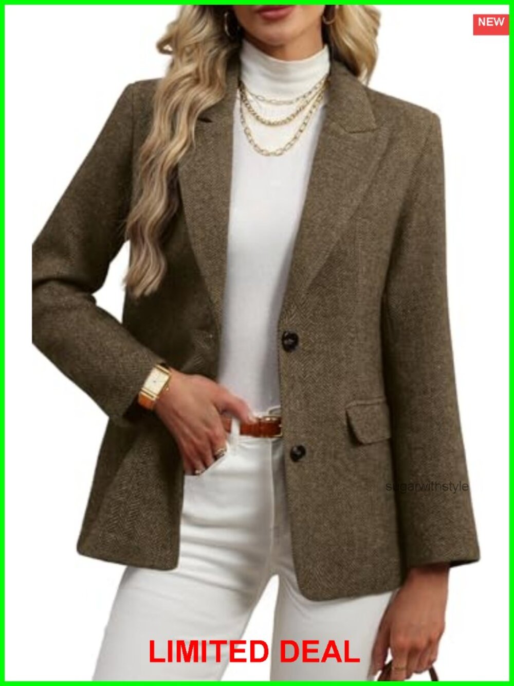 Wool Blend Tweed Herringbone Blazer Notch Lapel Flap Pocket Hip Length